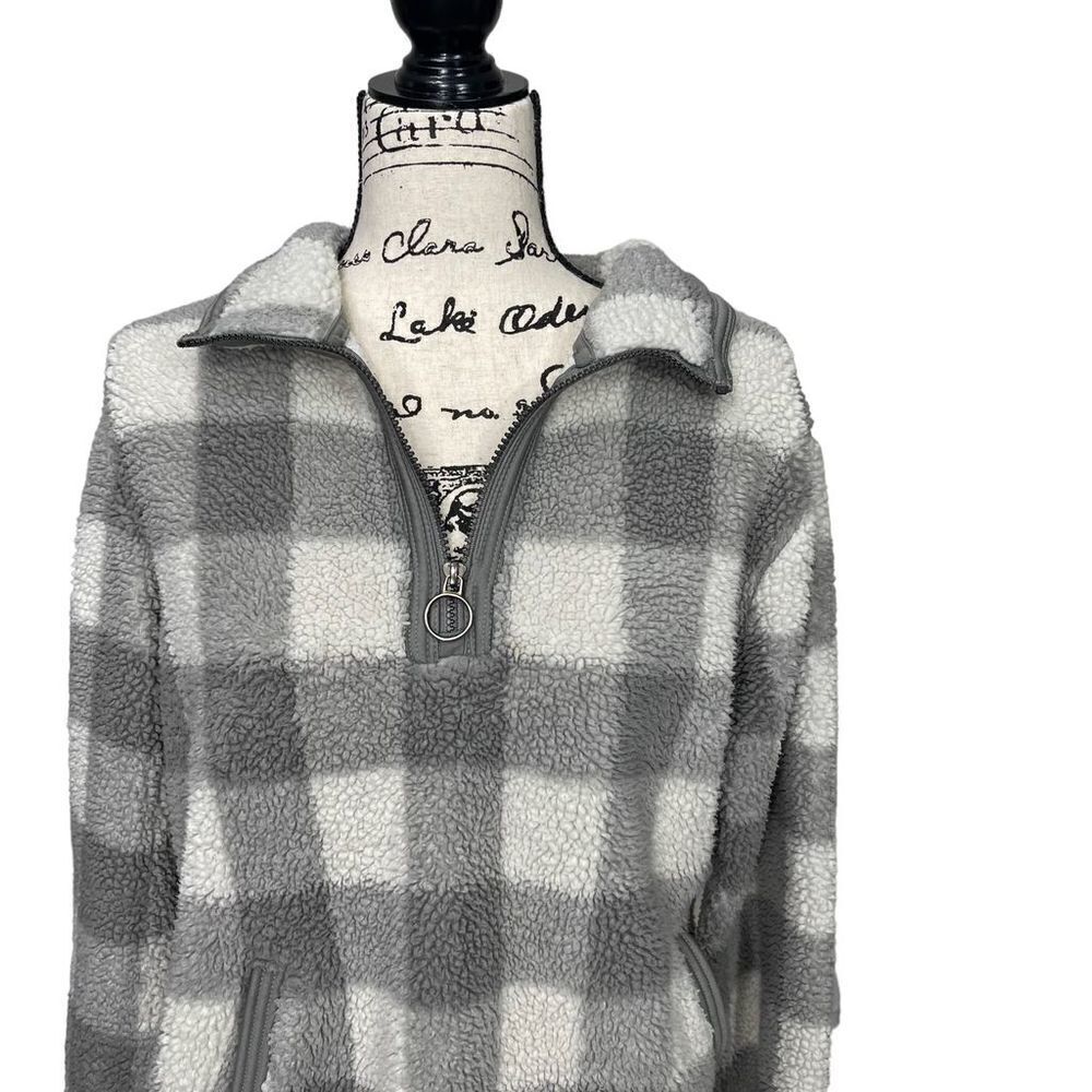 Cozy Sherpa Quarter-Zip Jacket Women's Medium Ivory Grey Gingham Plaid Pullover - Picture 6 of 13